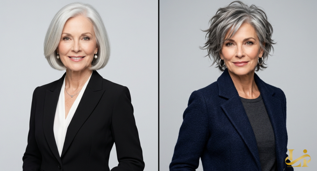 A side-by-side comparison of two models showcasing different grey hairstyles. The left side shows a sleek traditional bob while the right side features a textured cropped cut.