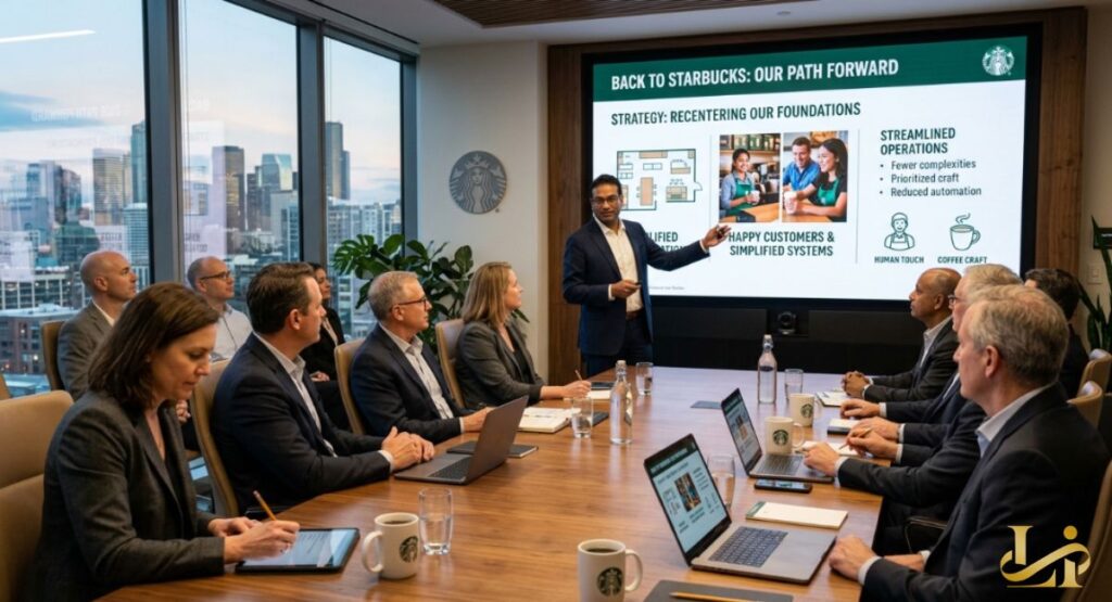 A presenter points to a “Back to Starbucks” strategy slide in a boardroom meeting. Executives listen as the screen highlights reduced automation and a focus on coffee craft.