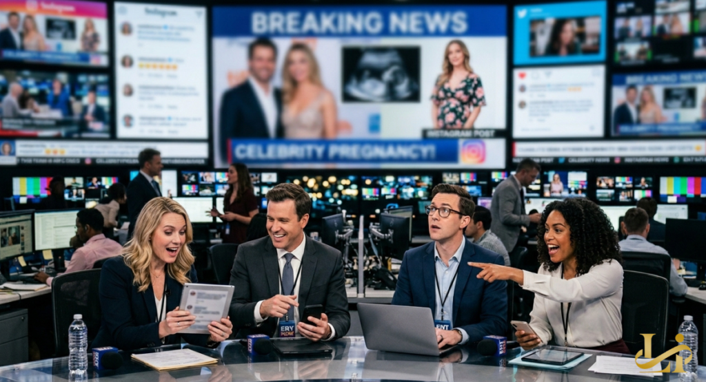 Television news anchors reacting with excitement while looking at a tablet in a broadcast studio. The background monitors display a breaking news segment about a major celebrity pregnancy announce