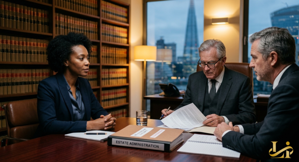 A professional woman with dark curly hair sits across from two male attorneys at a polished wooden conference table. The older lawyer in the center reviews a set of estate administration papers against a background of tall law library bookshelves.
