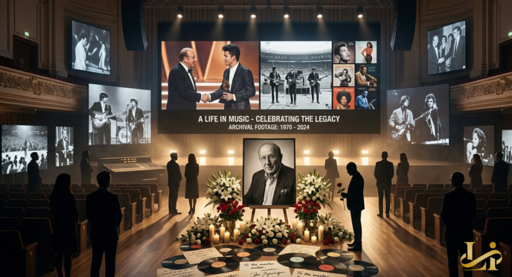 A memorial display inside a grand auditorium features a black-and-white portrait of Clive Davis surrounded by white lilies and lit candles. Large screens overhead showcase archival footage of major career highlights and legendary artists.
