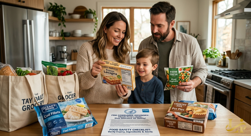 A smiling family reviews nutrition labels on safe frozen grocery packages at their kitchen table.