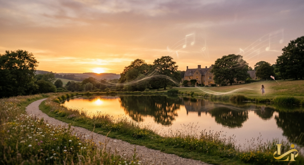 A serene country estate sits next to a perfectly still pond reflecting a warm, glowing golden sunset. A faint overlay of musical notes floats gracefully through the air across the open meadow landscape.