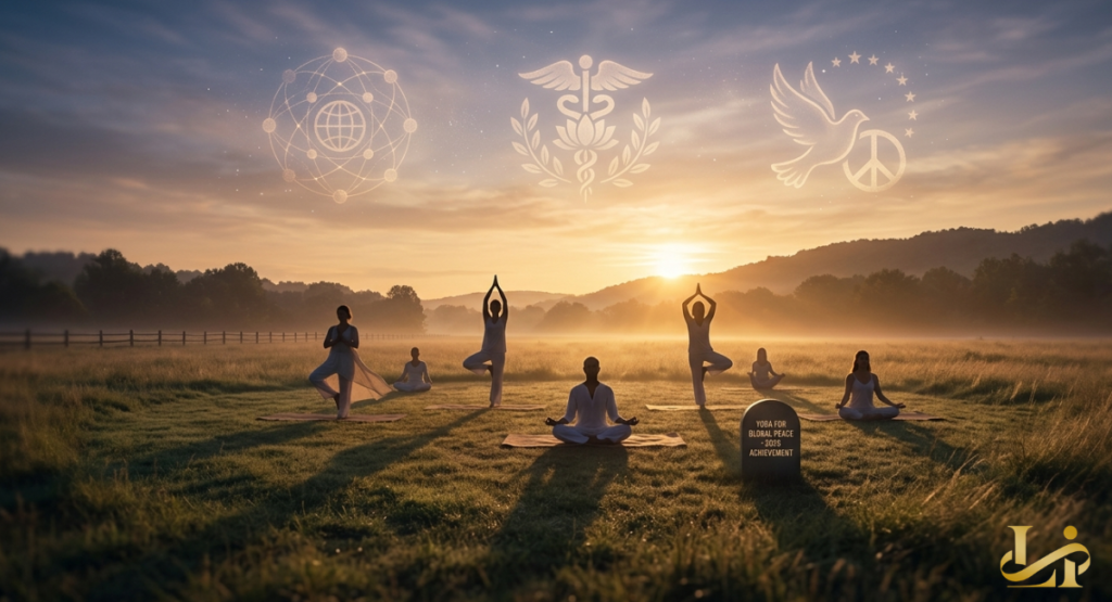 A group of individuals practice various meditative and balancing yoga poses in a misty, sunlit grassy field at dawn. Glowing white celestial icons representing global connectivity, medical wellness, and a peace dove float gracefully in the sky above.