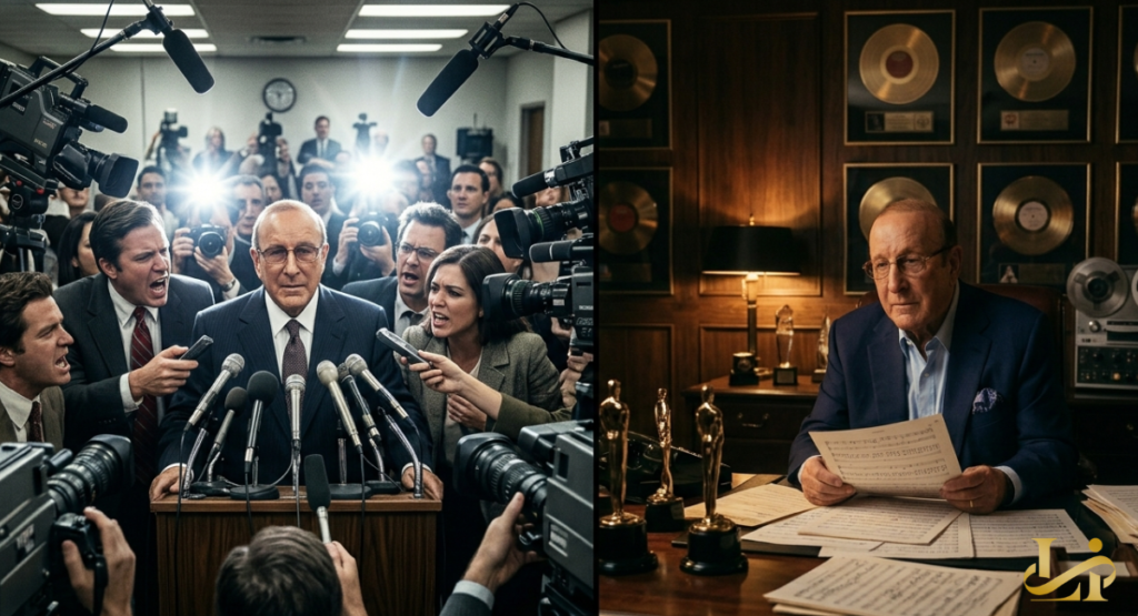 A split image contrasts a stressful media frenzy with a quiet moment of reflection. The left side shows a public figure surrounded by aggressive press microphones, while the right side shows a solemn executive in a private office.