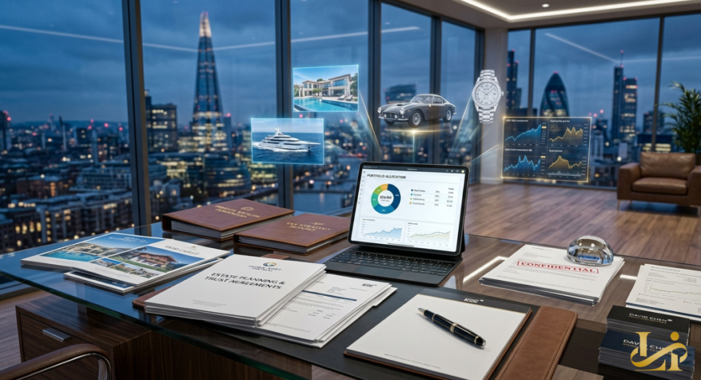 An office desk holds stacks of trust agreements alongside a tablet displaying a financial portfolio allocation pie chart. Floating digital graphics above the screen showcase luxury properties, a high-end vehicle, a yacht, and market growth indicators.