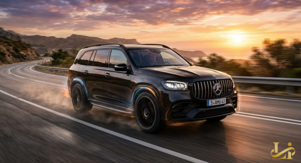 A high-performance luxury SUV accelerates sharply along a winding asphalt highway carved through a mountainous coastline. The motion-blurred wheels and subtle dust trails highlight the vehicle dynamic as the 2027 AMG GLS 63 features are put to the test.