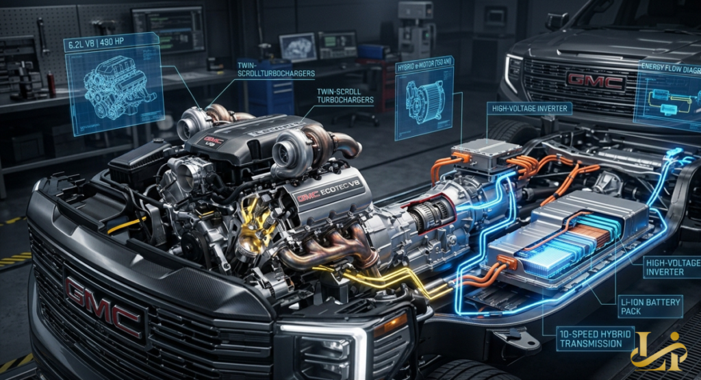 A detailed cutaway view of a hybrid EcoTec V8 engine assembly inside a high-tech workshop.