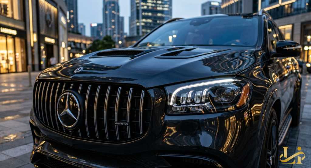 A close-up shot captures the front profile of a dark grey luxury SUV parked along a city street during twilight. The vehicle highlights an illuminated LED headlight housing, a vertical-slat grille with a prominent center emblem, and a sculpted hood.