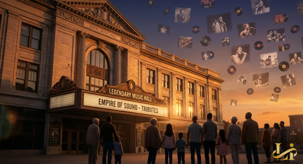 A diverse group of people stands outside the "Legendary Music Hall" at sunset, looking up at floating vinyl records and artist photos in the sky. The marquee reads "Empire of Sound - Tributes".