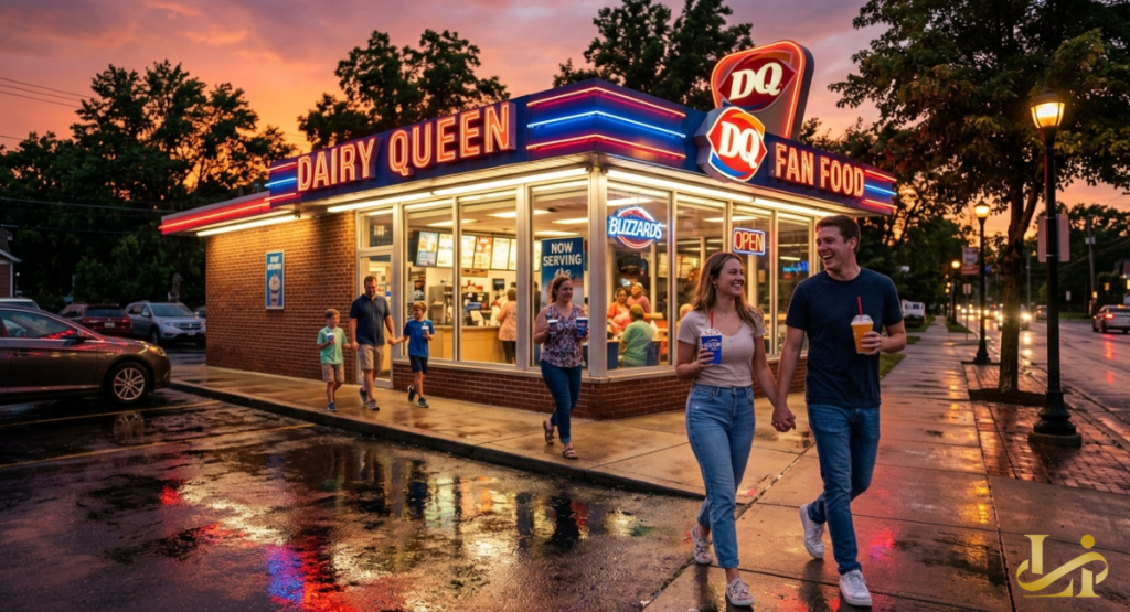 A young couple walks hand-in-hand past a brightly illuminated fast-food restaurant at twilight, holding frozen desserts. The wet pavement reflects the vibrant neon signs of the building's exterior.