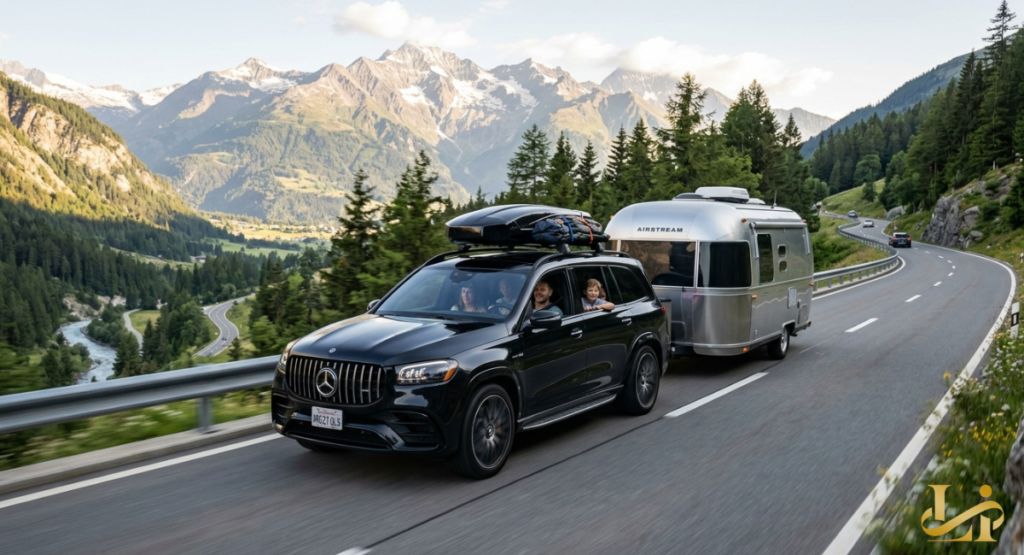 A family rides inside a black luxury SUV as it safely tows a classic silver camper trailer down a scenic mountain pass. The vehicle features a sleek black roof cargo box packed with travel gear, navigating a sweeping curve above a lush green valley.