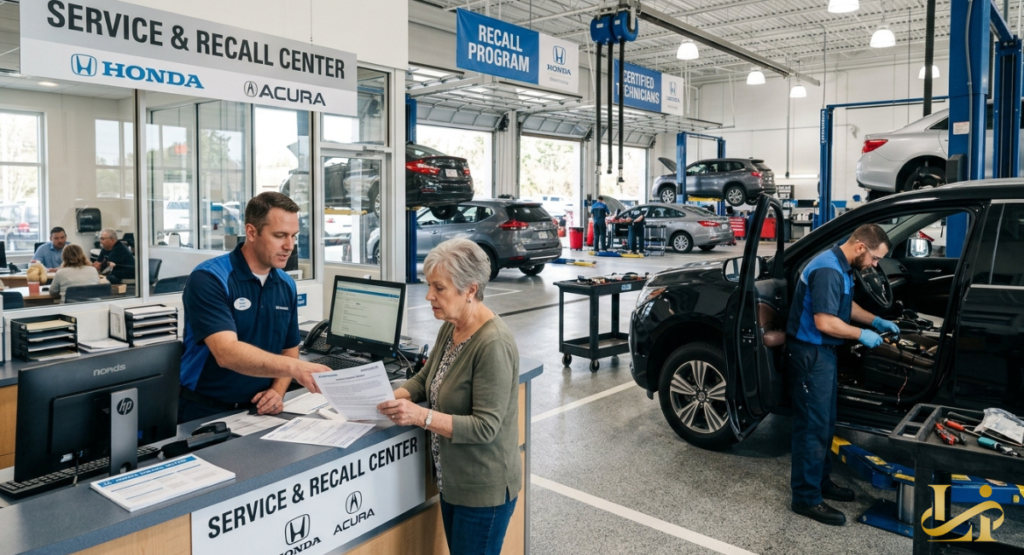 An elderly woman signs service paperwork at a dual-branded factory dealership counter.