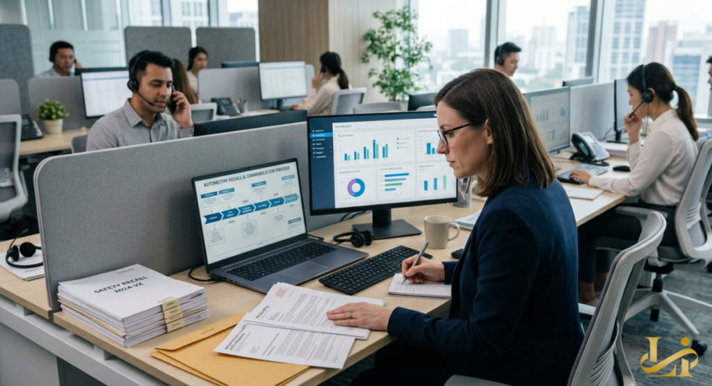 An administrative employee reviews communication process charts at an office desk. The desktop screens display corporate data graphs regarding safety notification schedules.