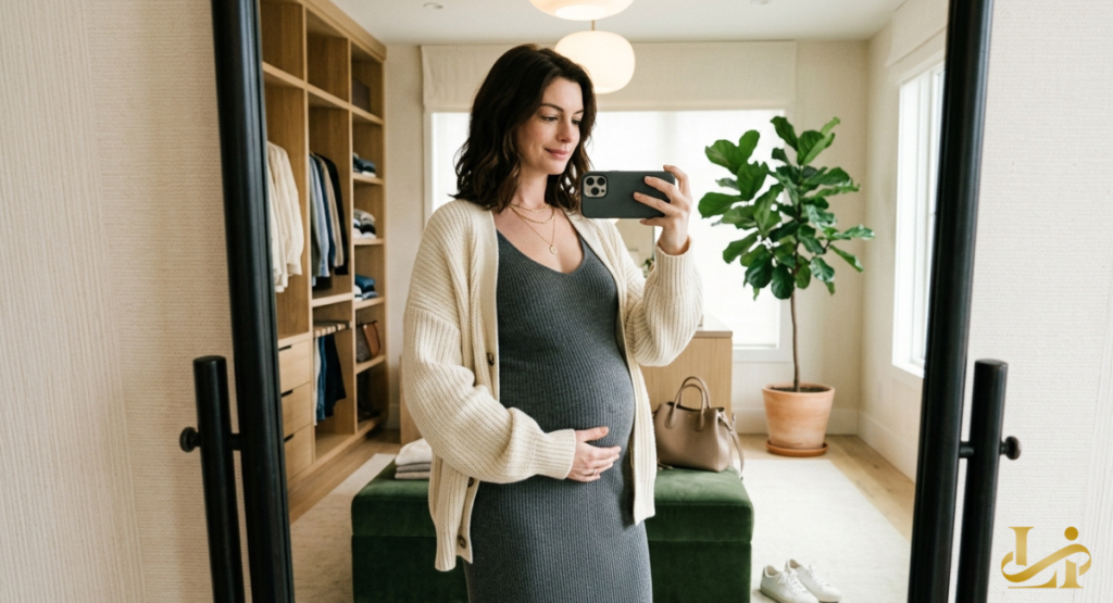 A mirror selfie of Anne Hathaway smiling gently while showcasing her visible baby bump. She wears a grey ribbed maternity dress paired with a cozy cream knit cardigan.