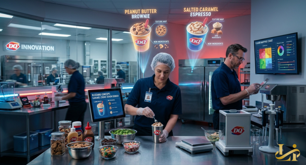 Food scientists in a clean research facility measure ingredients and prepare soft-serve concepts. Floating digital graphics show product names like Peanut Butter Brownie alongside texture maps and ingredient lists.