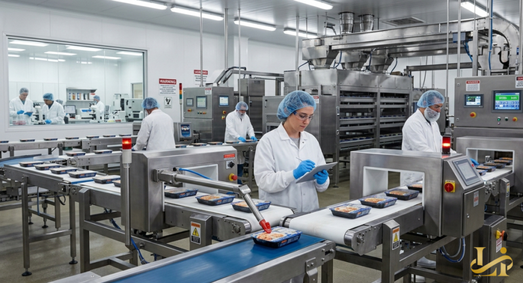 Workers in protective gear monitor frozen meals moving along automated assembly lines in a clean factory.