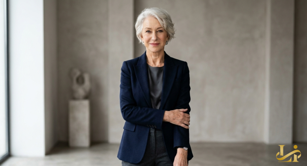 A sophisticated mature woman posing in a navy blue blazer and dark grey trousers. Her cropped white hair is swept neatly to the side as she looks directly at the camera.