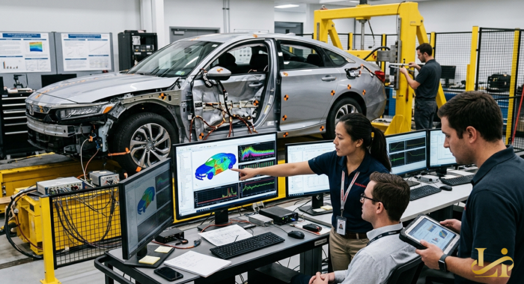 Engineers inside a development laboratory review 3D thermal mapping on large monitors.