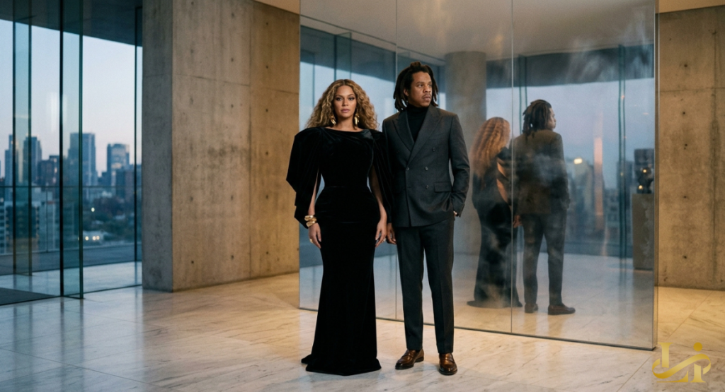 A couple dressed in formal evening wear poses elegantly inside a modern architectural space with concrete columns and floor-to-ceiling glass. A large mirror panel on the right creates a soft, artistic reflection of their backs against the panoramic city view outside.