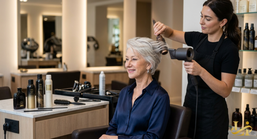 A hair stylist using a round brush and blow dryer on a smiling senior woman's silver hair. The salon station counter displays various premium texturizing sprays and styling products.