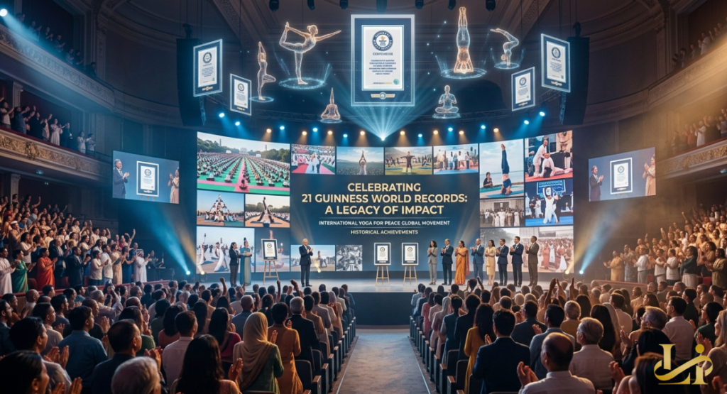 An official award ceremony takes place inside a grand, multi-tiered auditorium filled with an applauding, formal audience. The massive stage display features text celebrating twenty-one global achievements alongside floating holographic symbols of yoga poses.
