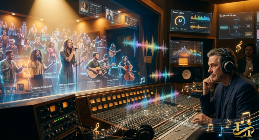 An experienced audio engineer works at a mixing console while digital holographic screens display emerging artists and vocal waveforms. The futuristic studio setup visualizes the process of data-driven talent curation.