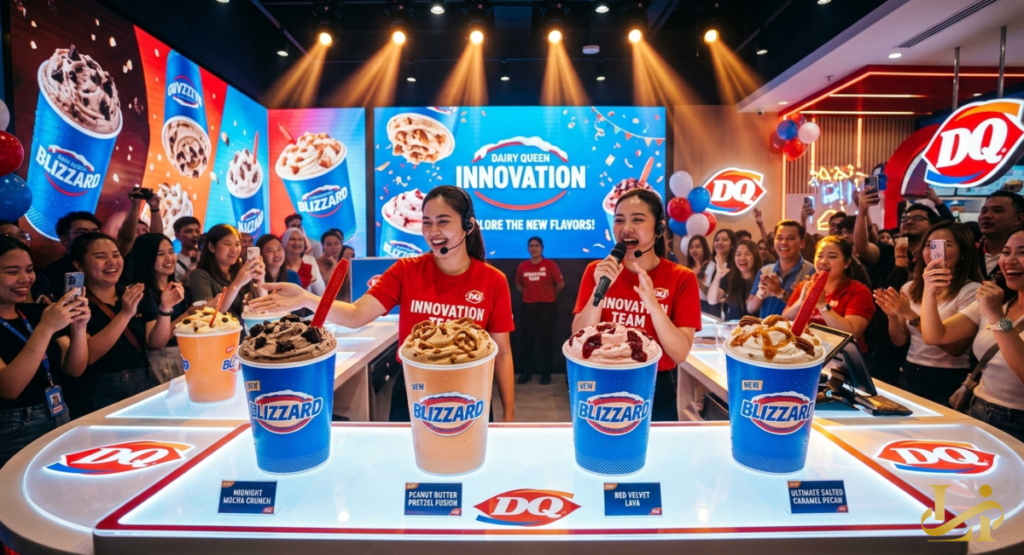 Two corporate representatives wearing headsets present oversized ice cream cups at a lively media event. A large screen behind them showcases menu innovations like Midnight Mocha Crunch and Red Velvet Lava.