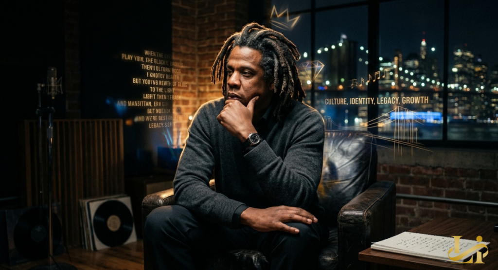 A man in a grey sweater sits thoughtfully in a leather armchair inside a dimly lit studio overlooking a glowing city skyline. Digital graphics overlaying the window display poetic lyrics, a crown icon, and the words "Culture, Identity, Legacy, Growth."