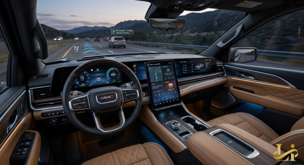 The interior cabin of a luxury truck featuring tan leather seats and a large vertical infotainment touchscreen.