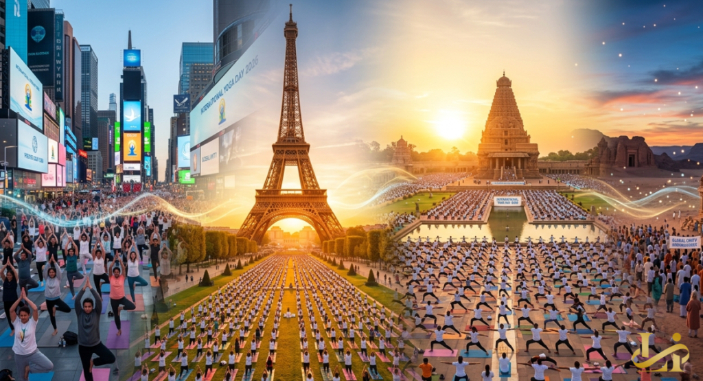 A creative digital collage showcases massive synchronized yoga gatherings happening simultaneously in front of iconic landmarks worldwide. The scenes transition seamlessly from New York City's Times Square and the Paris Eiffel Tower to an ancient Indian temple complex.