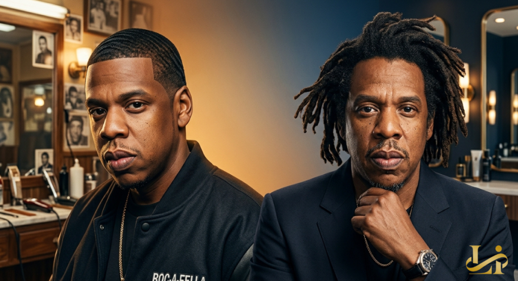 A split portrait contrasts a young Jay-Z with a classic 360-wave haircut against his mature appearance featuring grown locs. The side-by-side comparison showcases a dramatic transformation from sharp lines to a textured, free-form natural hairstyle.