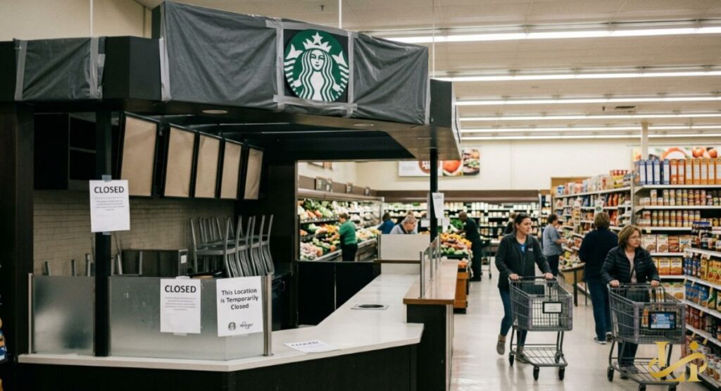 A Starbucks kiosk inside a Kroger store is covered and marked with “CLOSED” signs. Shoppers with carts walk past the shuttered cafe in the grocery aisle.