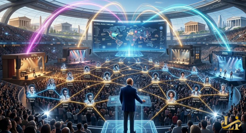 An executive stands on a high-tech stage facing a massive stadium audience, exploring technology trends through a global music timeline. Glowing networks connect diverse musical genres from the 1970s to 2026.