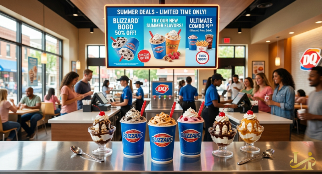 A stainless steel pickup counter displays an array of sundaes and soft-serve treats next to metal spoons. Overhead, a prominent menu board highlights summer promotions, including a buy-one-get-one half-off deal.