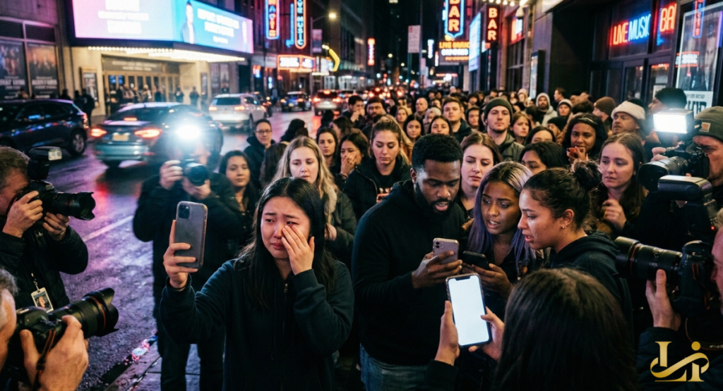 A large crowd of emotional fans gathers outside a music venue at night to honor the memory of the late musician Liam Payne. People hold up glowing smartphones, record video feeds, and shed tears while photographers capture the collective grief of the public.