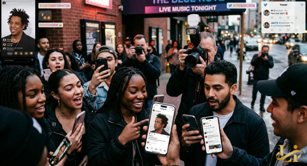 A diverse crowd of young fans gathers outside a music venue at night, enthusiastically holding up their smartphones. They react to a trending social media post displaying a photograph labeled with the text phrase Jay-Z Blue Ivy hair.