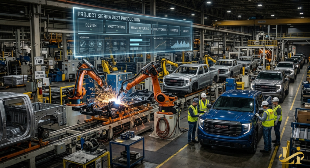 Automotive assembly workers in safety vests inspect a blue truck on a busy factory floor. Robotic arms weld chassis components in the background under a digital project timeline screen.