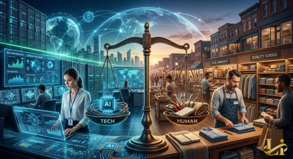A scale balances “Tech” with AI servers on one side and “Human” with craftsmen on the other. The image contrasts data-driven operations with traditional local commerce.