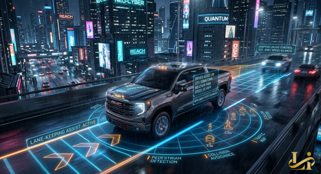A dark gray pickup truck navigates a wet city highway at night surrounded by futuristic neon skyscrapers.