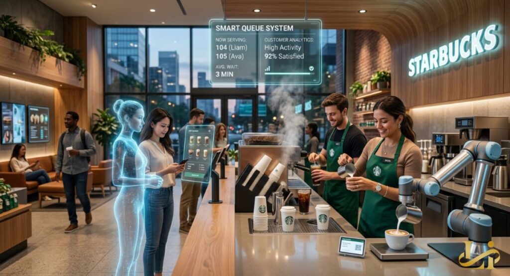 A high-tech Starbucks AI system manages smart queues and a robotic arm pours latte art. A holographic assistant helps customers while baristas craft drinks in a modern cafe.