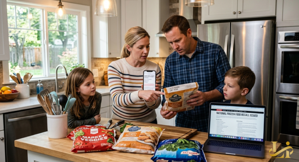 A family gathers around a kitchen island to check a laptop and a smartphone for a national recall list.