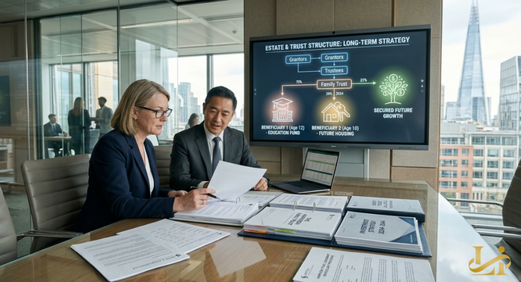 Two financial planners sit in a contemporary boardroom analyzing a large display titled "Estate & Trust Structure: Long-Term Strategy." The screen visualizes a flow chart moving from grantors and trustees to specific family trust accounts and future housing funds.