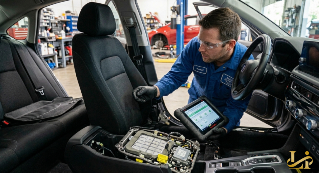 An automotive technician inspecting the black fabric upholstery of a front passenger seat.