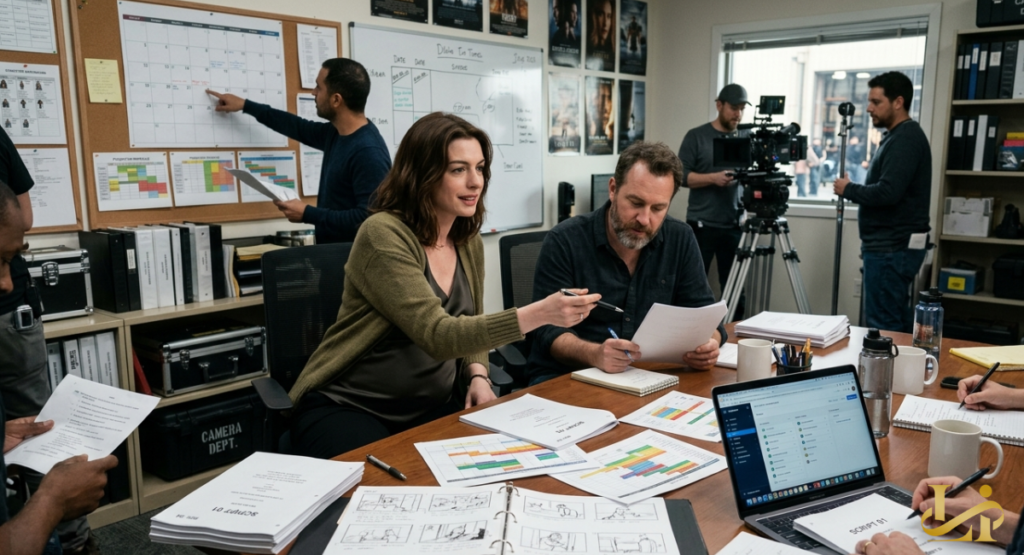 A pregnant filmmaker discusses script details during a production meeting around a conference table.