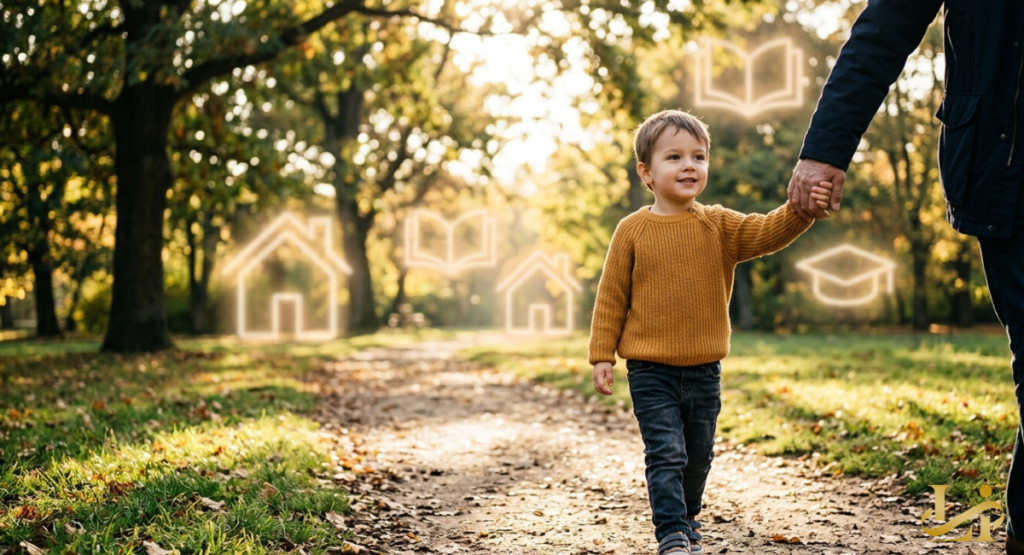 A young boy in a mustard yellow sweater smiles brightly while walking along a gravel path in a sunlit autumn park. He holds the hand of an adult whose body is mostly cropped, while soft holographic icons of houses and graduation caps float nearby.
