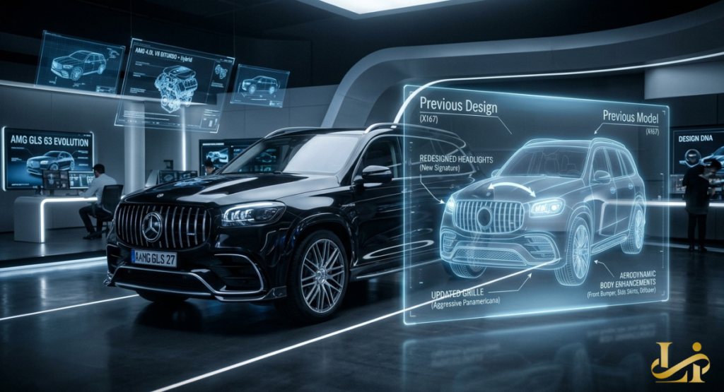 A black luxury SUV stands in a high-tech design studio next to a glowing blue holographic breakdown of its body chassis. The digital wireframe display highlights key engineering updates including redesigned headlights, an updated grille, and aerodynamic enhancements.