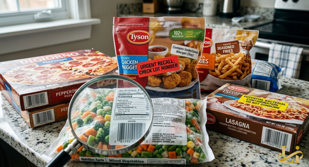 A magnifying glass focuses on the barcode and nutrition facts of a frozen mixed vegetables bag.