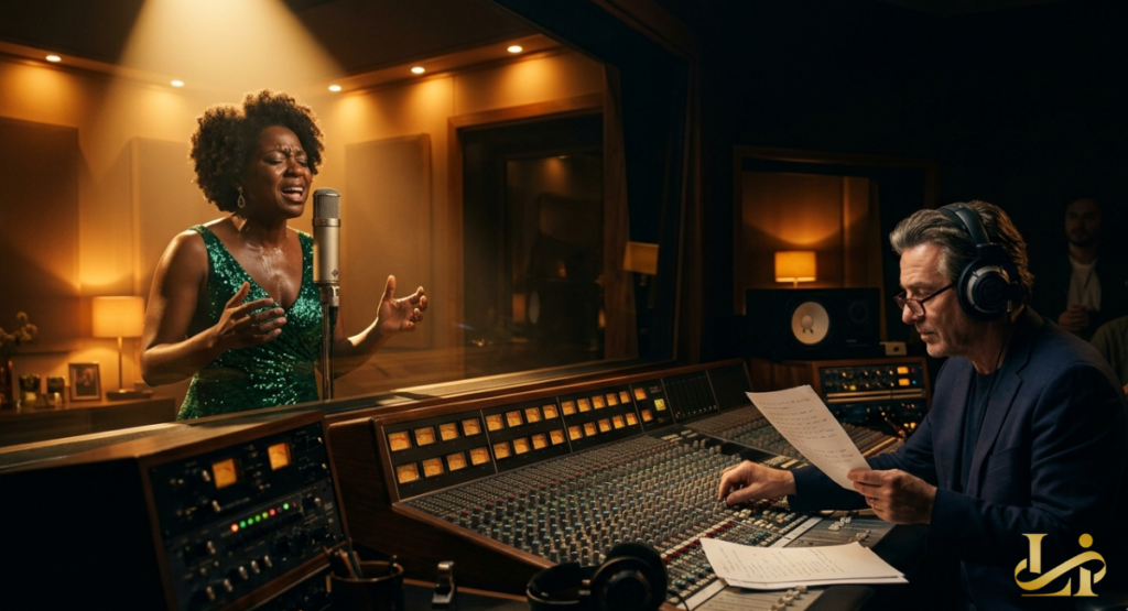 A female vocalist pours passion into a vintage microphone inside a warmly lit recording booth. In the foreground, a music producer wearing headphones follows along with the sheet music behind a mixing desk.