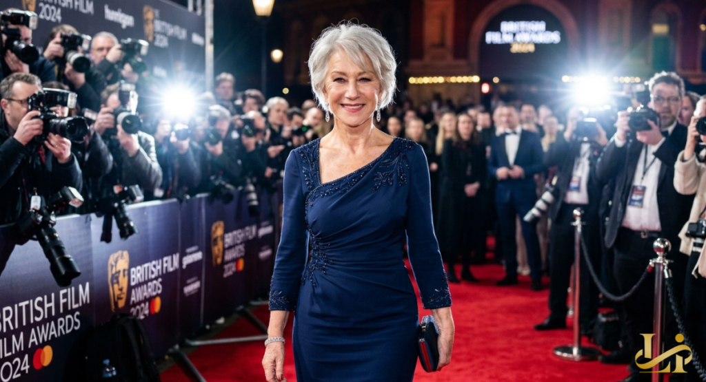 A celebrated actress in a navy evening gown smiling on a crowded red carpet event. Photographers stand tightly packed behind a barricade holding professional cameras with bright flashes.